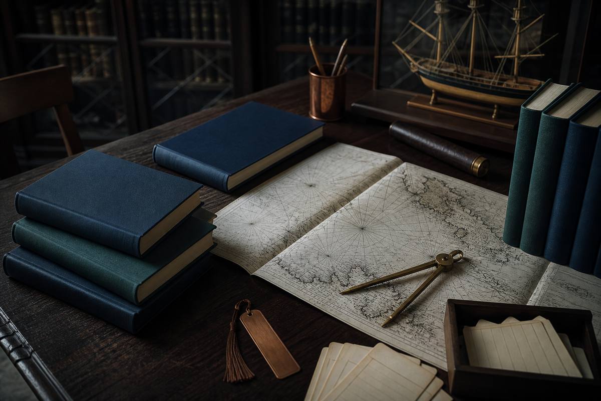 A blue cloth naval history volume beside a brass divider and a folded sea chart