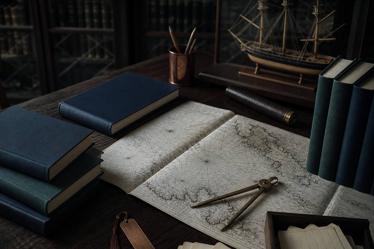 A ship model seen through the rigging in a quiet archive reading room