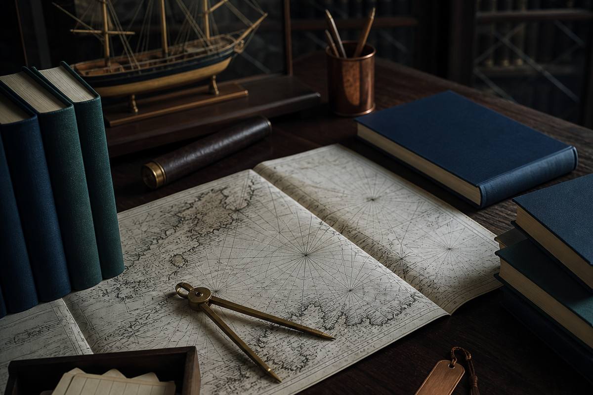 A magnifying glass resting on a plain catalogue slip and a map margin