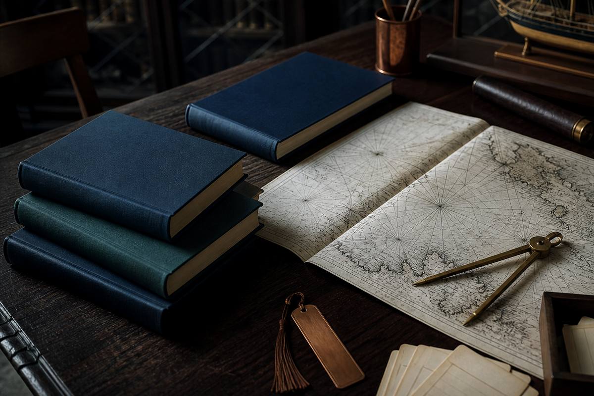 A closed navy-blue book on a desk with a brass compass and pencil