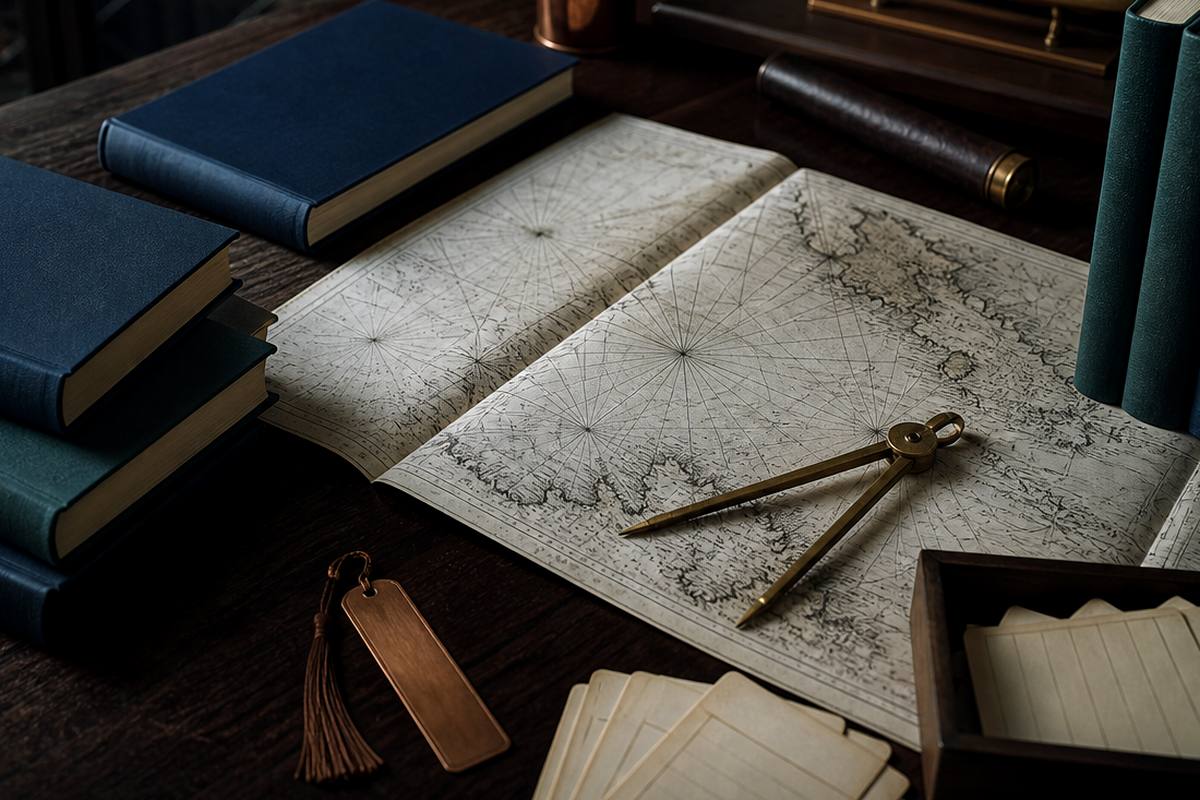 A reading lamp illuminating an open book and a chart with coastal soundings