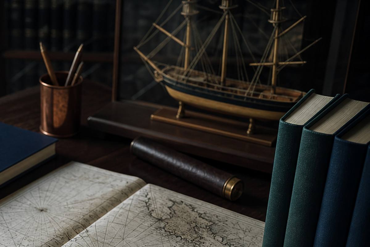 A ship-in-bottle model beside research notes and an unmarked library card