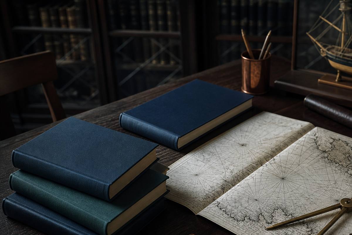 A dark oak table prepared for close reading with a chart and reference books